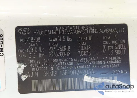 2009 Hyundai Santa Fe Limited из США, поврежденный, VIN 5NMSH13E19H242033